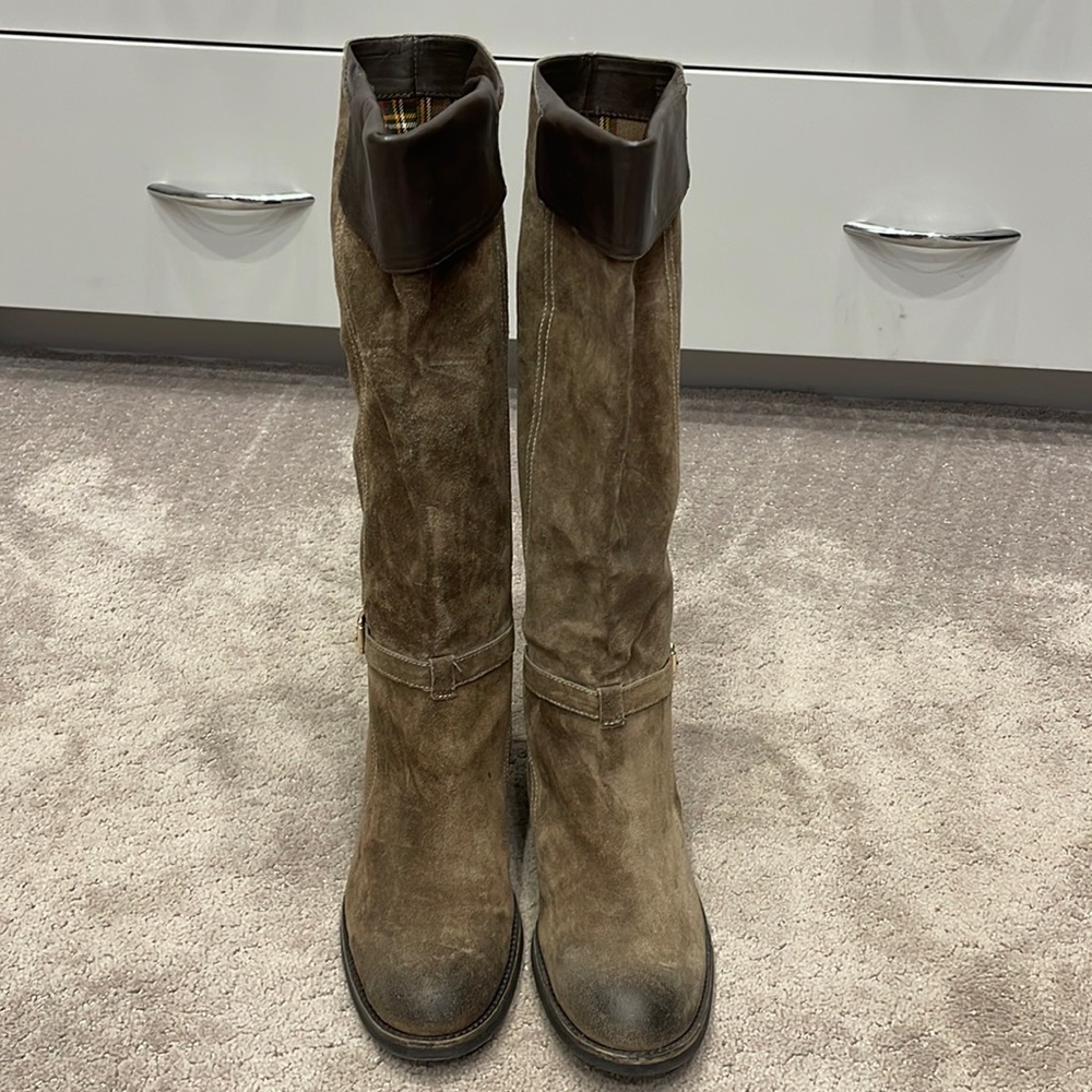 Franco sarto pull on boots in suede with leather trim.  Never worn
